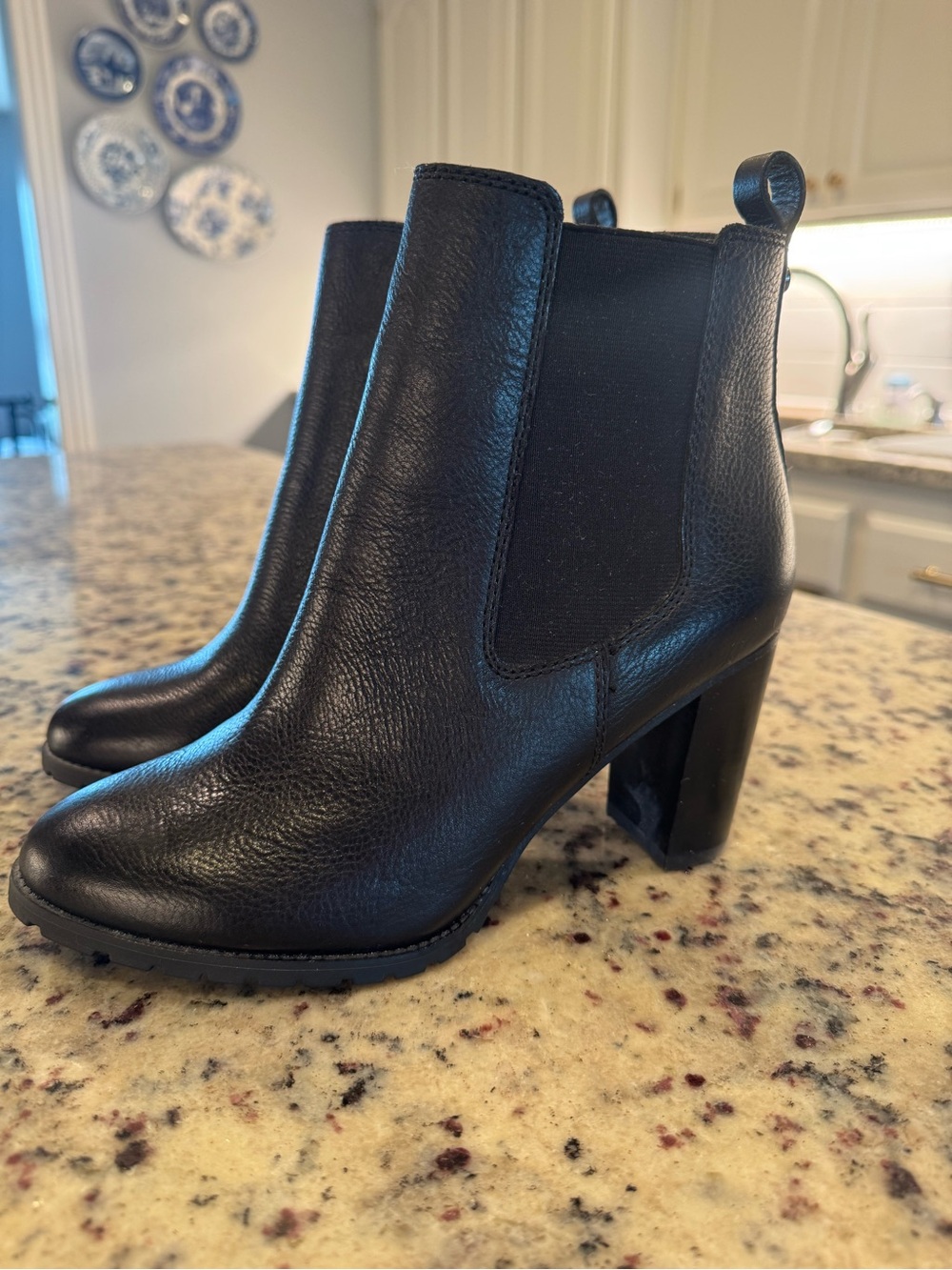 ANTONIO MELANI Black Leather Block Heel Chelsea Bootie